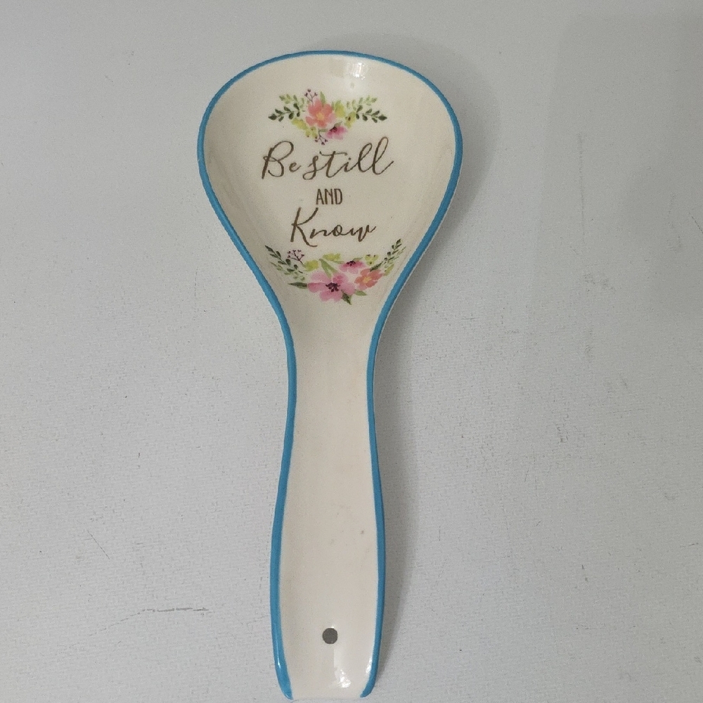 Floral Ceramic Spoon Rest with Blue Trim, NWOT
